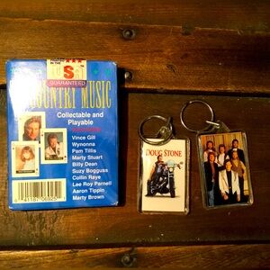 2 Vintage Country Music Keychains & Vintage deck of Country Music Playing Cards